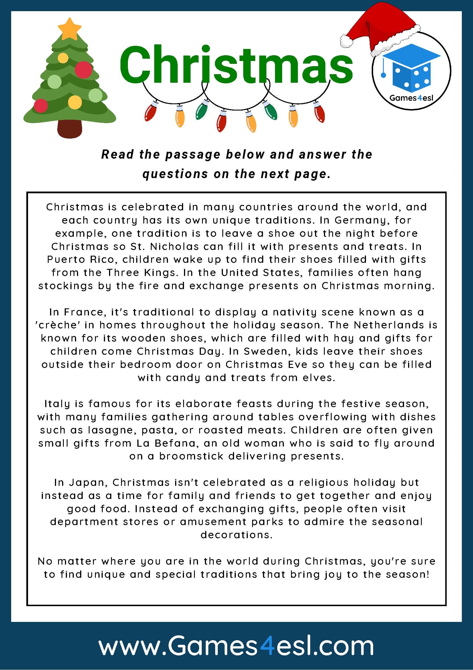 christmas - reading comprehension worksheet | games4esl